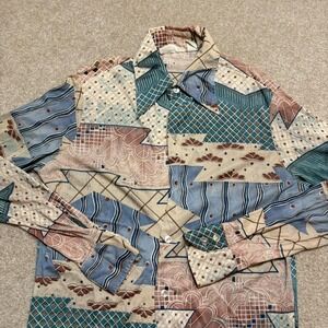 Vtg 70s Fairweather Disco Shirt Mens Medium Geometric Nylon Button Up Rockabilly
